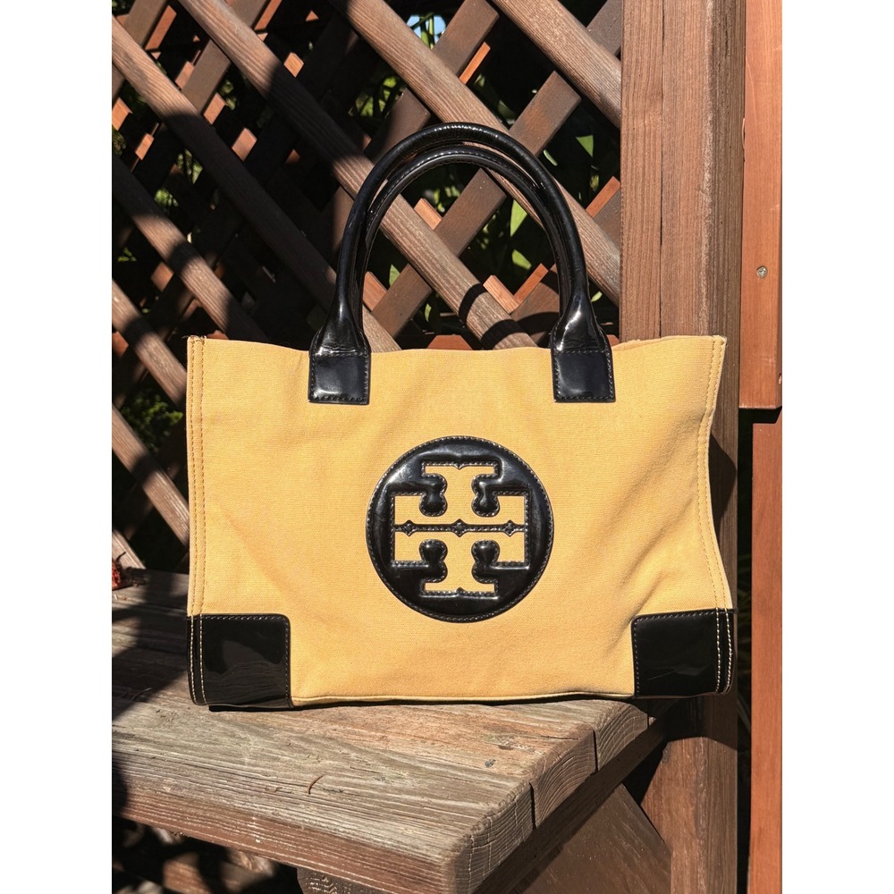 Tory Burch Ella Tote Mustard Yellow Canvas Black Patent Leather Trim Handbag